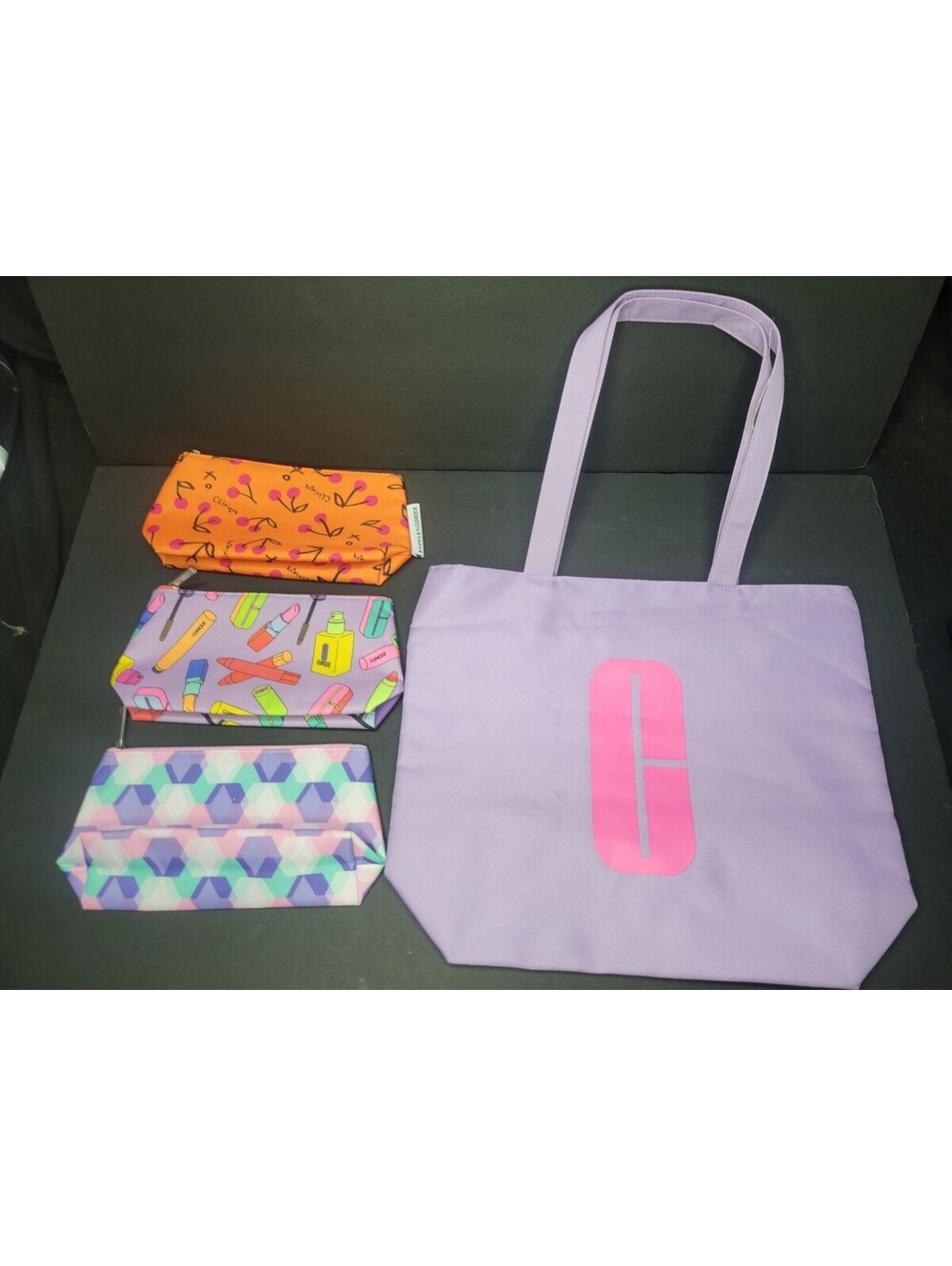 Clinique Lavender Reversible Tote Bag + (x3) Cosmetic/Makeup Soft Zip Pouches